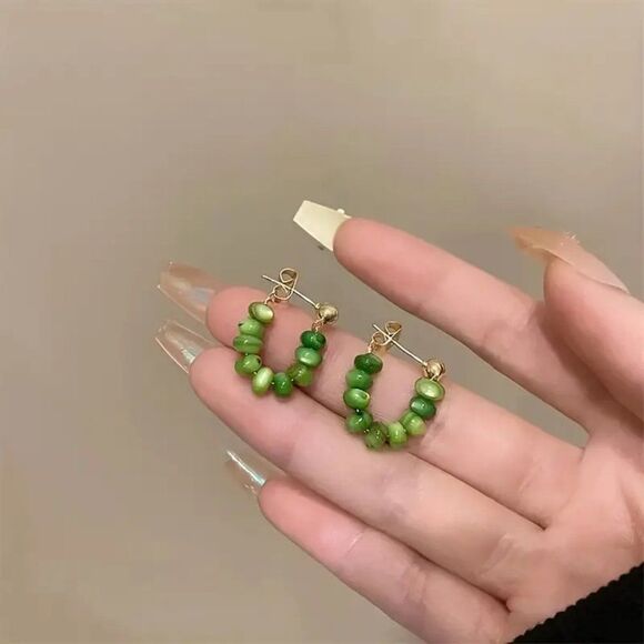 Retro Vintage Green Opal Hoop Earrings, Huggie Earrings Girl Womens Dangle Hoops - Picture 5 of 5